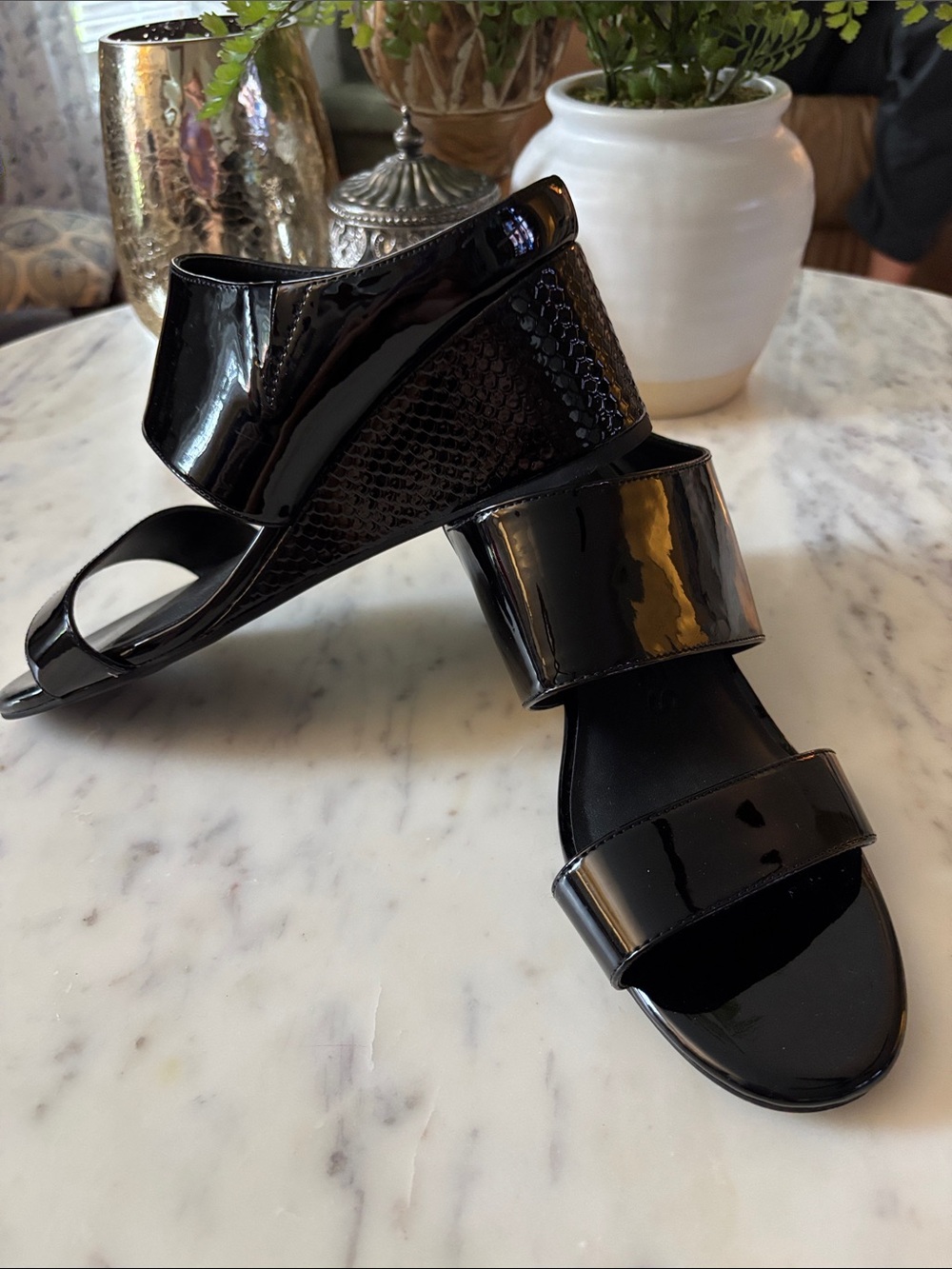 Black Areosoles Patent Wedge Sandals with Wide Straps 8W